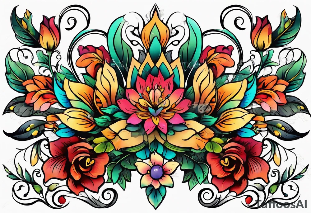 vintage colorful floral print tattoo idea