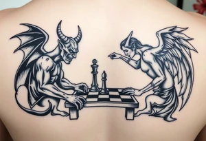 devil and angel playing chess in black. Make them seem like people and not animals tattoo idea