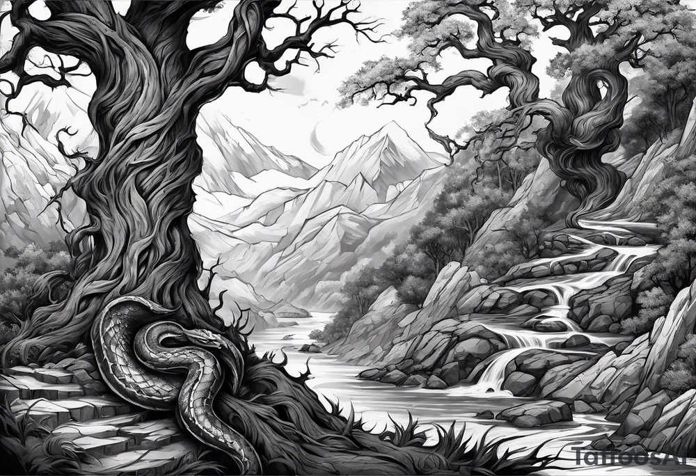 Full arm sleeve, tree going up to shoulder dead tree going down to wrist, wrapped in a serpent moving down with demon elements tattoo idea