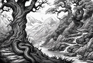 Full arm sleeve, tree going up to shoulder dead tree going down to wrist, wrapped in a serpent moving down with demon elements tattoo idea