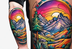 Forearm tattoo with southwest landscape and hikers tattoo idea