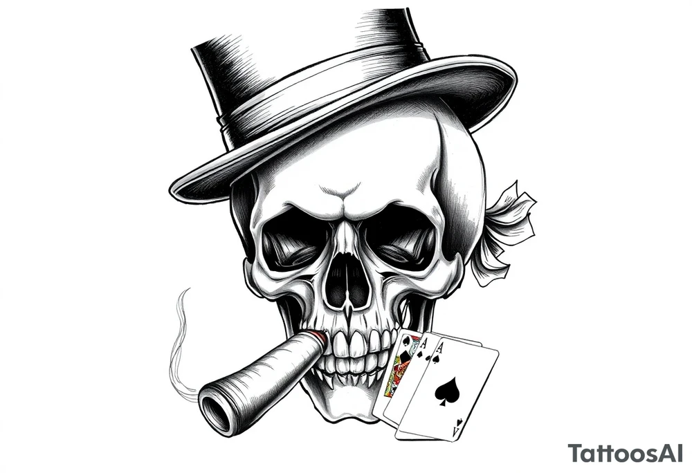 a skull with mustache, a big cigar in his mouth,top-hat on his head and playing cards in a hand. tattoo idea