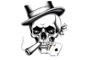 a skull with mustache, a big cigar in his mouth,top-hat on his head and playing cards in a hand. tattoo idea