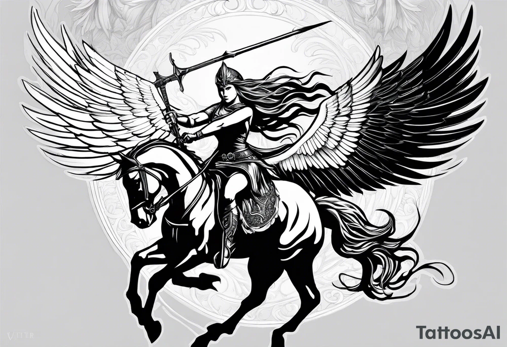 Valkyrie on winged Pegasus, flight, holding spear, looking down tattoo idea