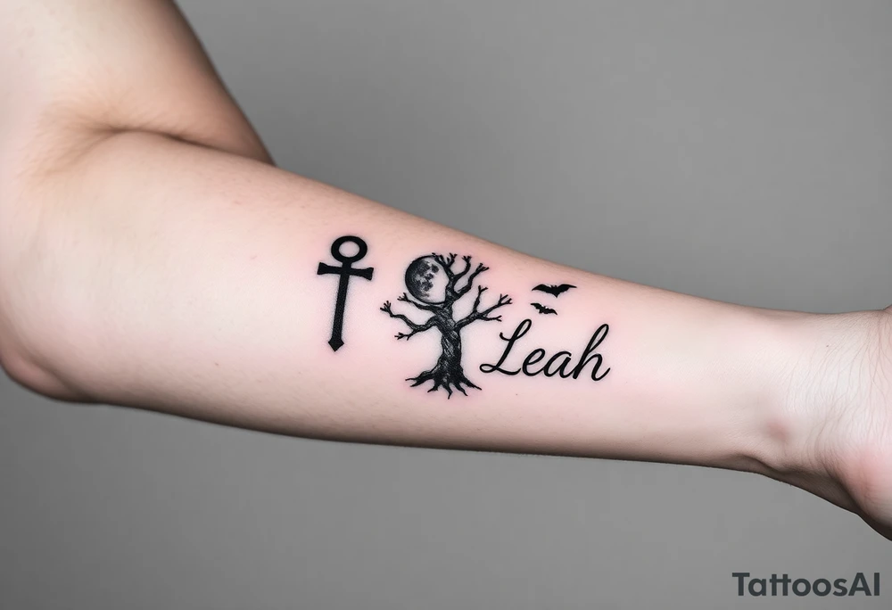An ankh, 1-18in Roman numerals, a poison tree silhouette with a moon and bat silhouettes, the name Leah tattoo idea