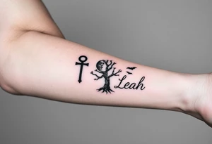 An ankh, 1-18in Roman numerals, a poison tree silhouette with a moon and bat silhouettes, the name Leah tattoo idea