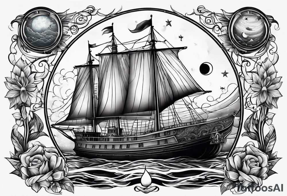 bateau, phare maritime et lune bleu tattoo idea