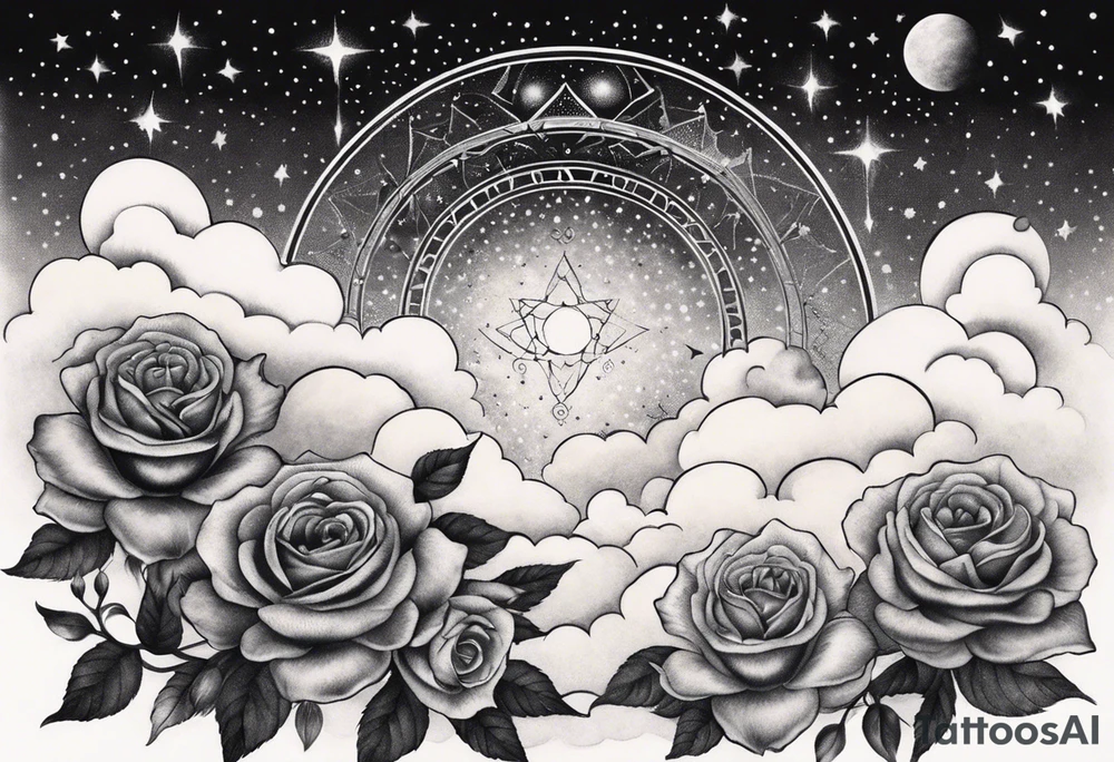 Vertical Clouds with pulsar and small roses and stars around it tattoo idea