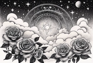 Vertical Clouds with pulsar and small roses and stars around it tattoo idea