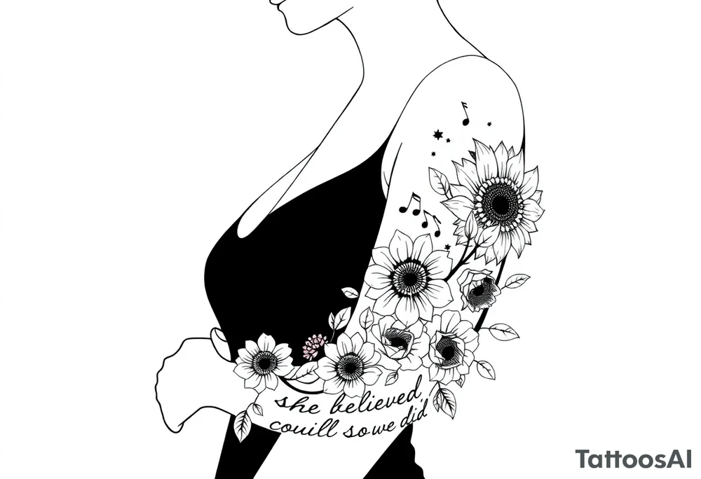 A silhouette of myself with the sun and moon sunflowers music symbols roses and the words she believed she could so she did tattoo idea