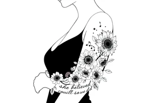 A silhouette of myself with the sun and moon sunflowers music symbols roses and the words she believed she could so she did tattoo idea