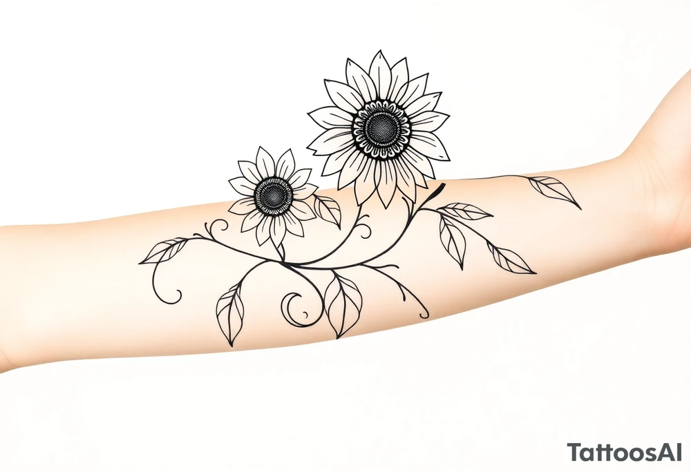 Bohemian, hippie sunflowers/mandalas growing along a swirly vine tattoo idea