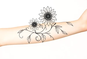 Bohemian, hippie sunflowers/mandalas growing along a swirly vine tattoo idea
