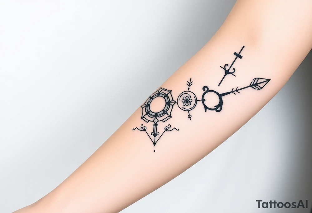 Geometric arrow with 5 Symbolic elements for each family member. Two base elements for my husband and I, intertwined floral patterns like mirrored vines or spiral paisleys representing our identical twins, and a Gemini zodiac sign for my son. Use feminine-yet-bold linework and Interconnected elements to reflect family unity tattoo idea