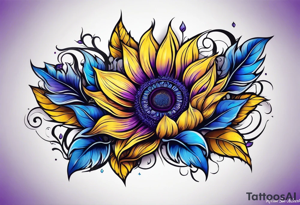 Purple, yellow and blue sunflower arm sleeve tattoo idea