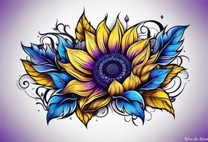 Purple, yellow and blue sunflower arm sleeve tattoo idea