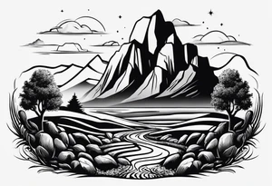 Create a tattoo of a flat topped rock Ebenezer stone surrounded by freshly tilled soil tattoo idea