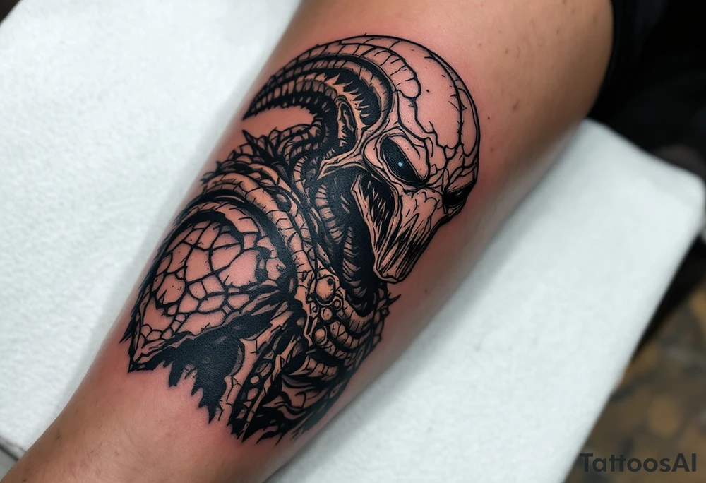 Primal Stalker Hunter – A war-hardened extraterrestrial warrior with dark brown and black mottled skin, covered in deep battle scars. Wears bone-plated armor from past conquests with primitive carvings. tattoo idea