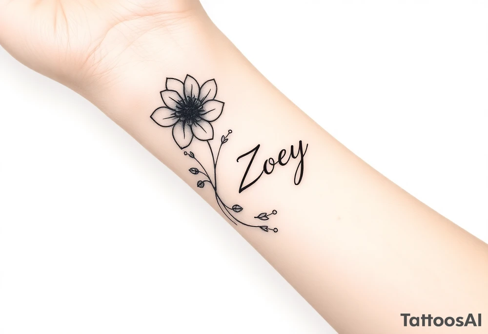 I want it on my wrist. I want a beautiful flower on the inside of my wrist with tendrils down the inside of my arm with little delicate stars or motes and the name Zoey

Why are you showing it on a back? I want it on the inside of my wrist

I want it to be a little smaller. I want the lines to be super fine. I want more organic delicate tendrils. The name Zoey should be about 3" up on the inside of my arm 

I just want the tendrils to look more natural and flowy and graceful.
I do not want stars in it anymore. tattoo idea