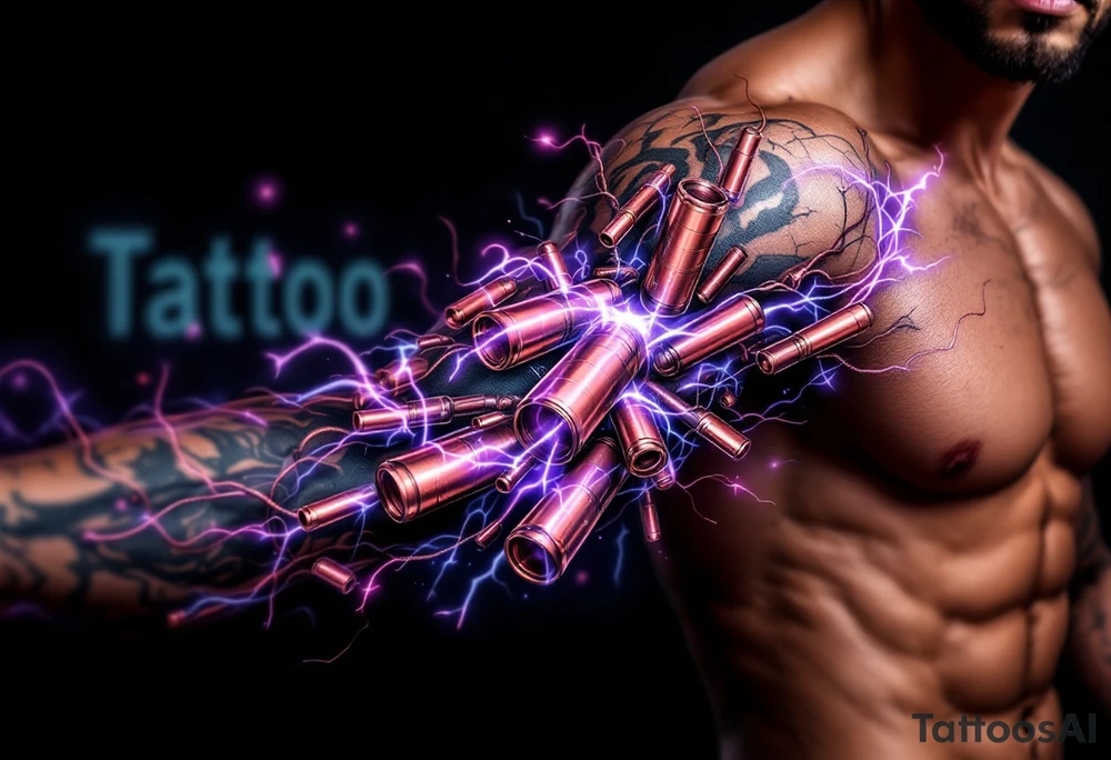 A vibrant design featuring copper tubes and electric violet plasma lines integrated into the skin’s anatomy. tattoo idea
