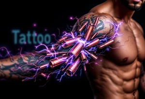 A vibrant design featuring copper tubes and electric violet plasma lines integrated into the skin’s anatomy. tattoo idea