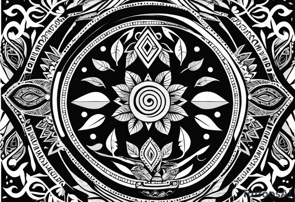 Tatouage ornement noir et blanc. Forme géométrique en longueur avec des signes aborigène australiens désignant les kangourous, la vie. Puis dessiner un soleil, des vagues et des feuilles en rapport à l’Australie ou Bali. Lignes très fines. tattoo idea