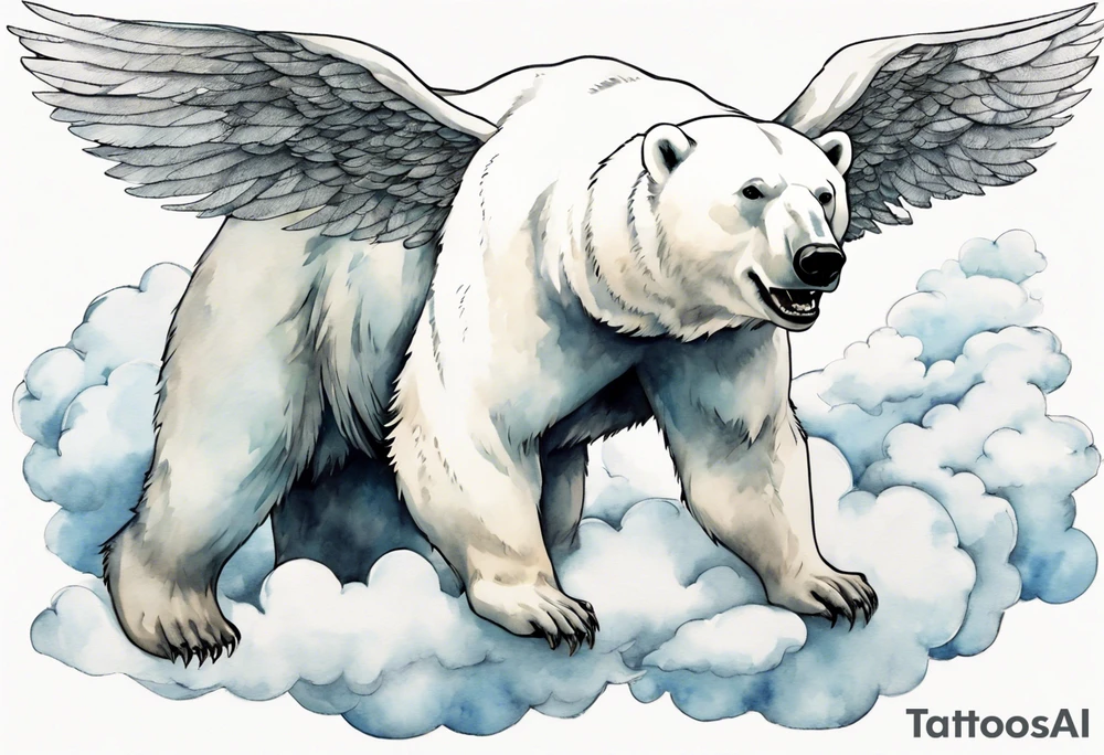 a polar bear with wings, standing on clouds, blowing air from mouth tattoo idea