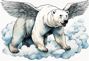 a polar bear with wings, standing on clouds, blowing air from mouth tattoo idea