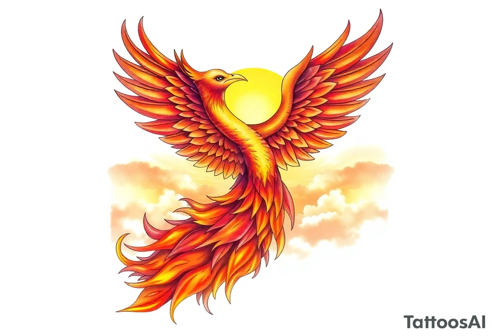 magnificent phoenix rising from flames with trailing embers pinks golds orange and yellows with a golden sunset and sky with puffy clouds and heaven backdrop tattoo idea