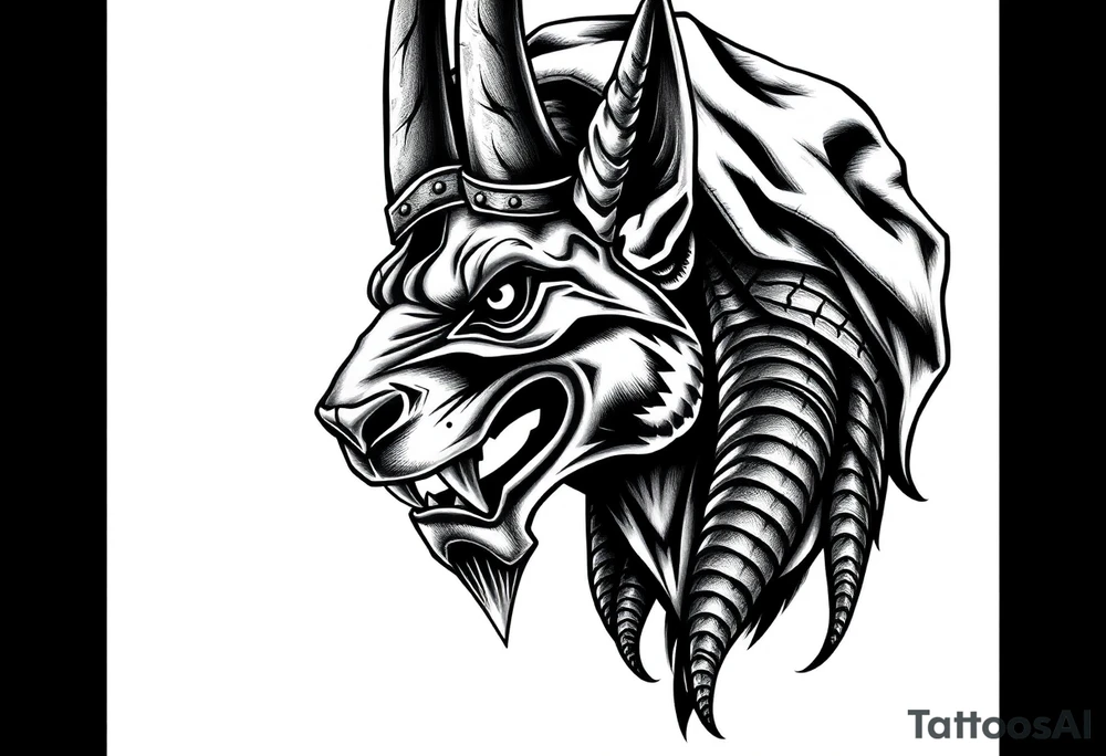 Anubis powerful face muscle in Egypt style with mantle on head tattoo idea