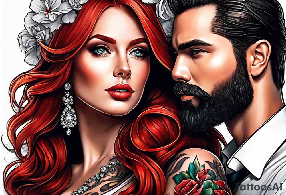Busty red haired woman with a bearded man who has black hair getting married tattoo idea
