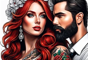 Busty red haired woman with a bearded man who has black hair getting married tattoo idea