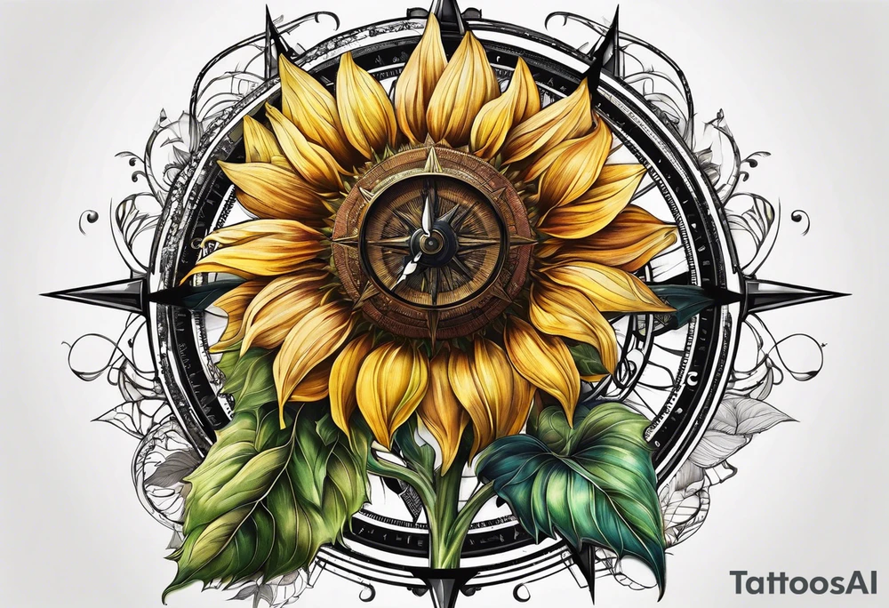 Sunflower next to a compass tattoo idea
