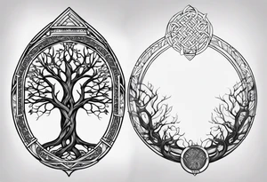 Yggdrasil with no leaves. A roman inscription "MEMENTO VIVERE" on the top. A metal bracelet with the date XXXI-VII-MMXV tattoo idea