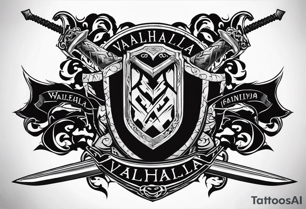 Valhalla sword shield banner tattoo idea