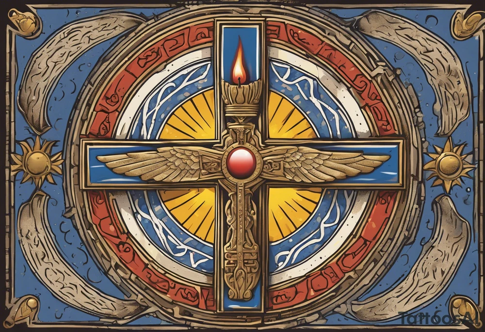 A medieval cross with an assyrian flag in the middle. A crown om top of the cross. The assyrian king Sennacherib. A sun and a moon. A cloud with rain and thunder. charizard. an imperfect cirkle. a candle. a swan. lemons. the god asshur with wings. an ankh. angel wings with a halo. surrounded by olive branches and feathers. all black and white. no shadowing. tattoo idea
