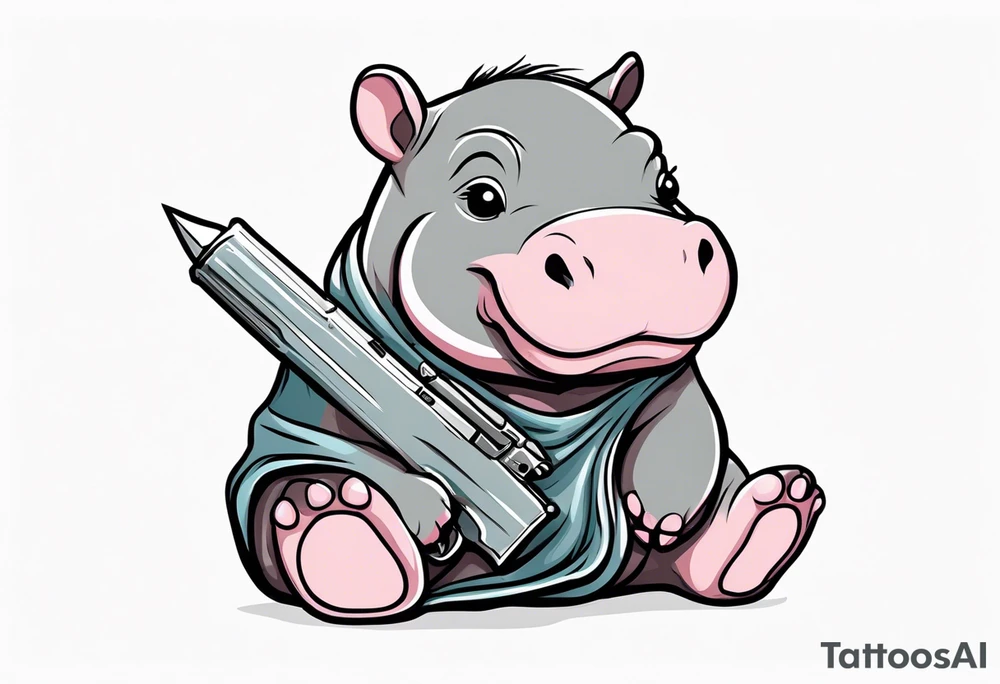 Baby hippo in a swaddle holding a weapon tattoo idea