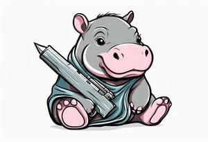Baby hippo in a swaddle holding a weapon tattoo idea
