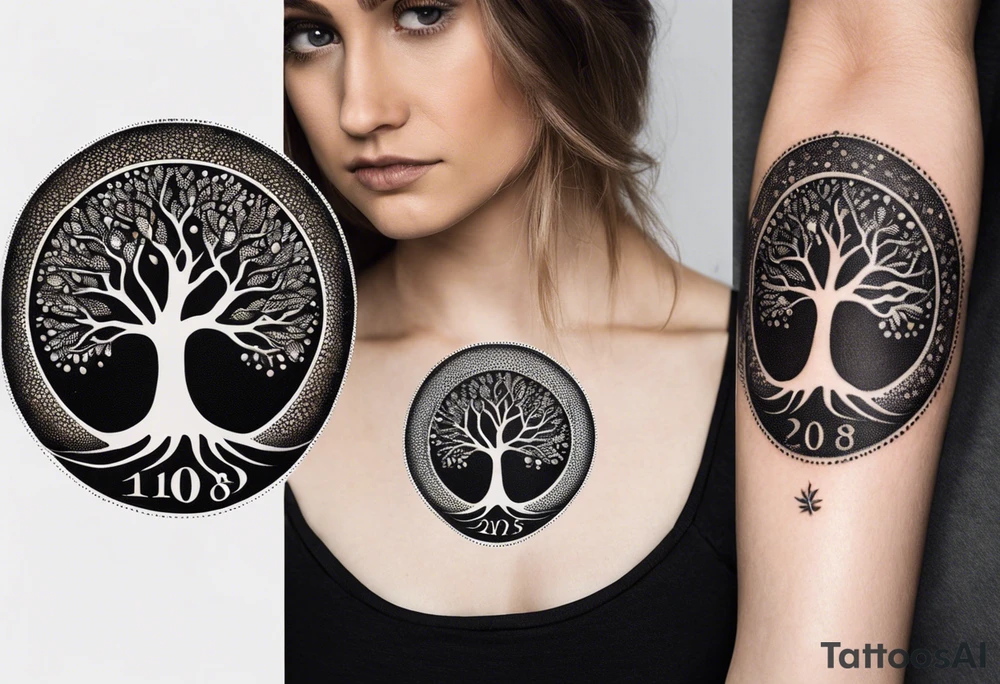 A Tree of Life in a circular design. The Dates 12.02.1985 and 21.02.1987 should be part of the tattoo, too. tattoo idea