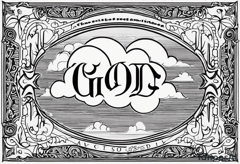 "God," utliizing Old English text. Clouds shaded in behind the text tattoo idea "God," utliizing Old English text. Clouds shaded in behind the text tattoo idea
