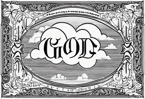 "God," utliizing Old English text. Clouds shaded in behind the text tattoo idea