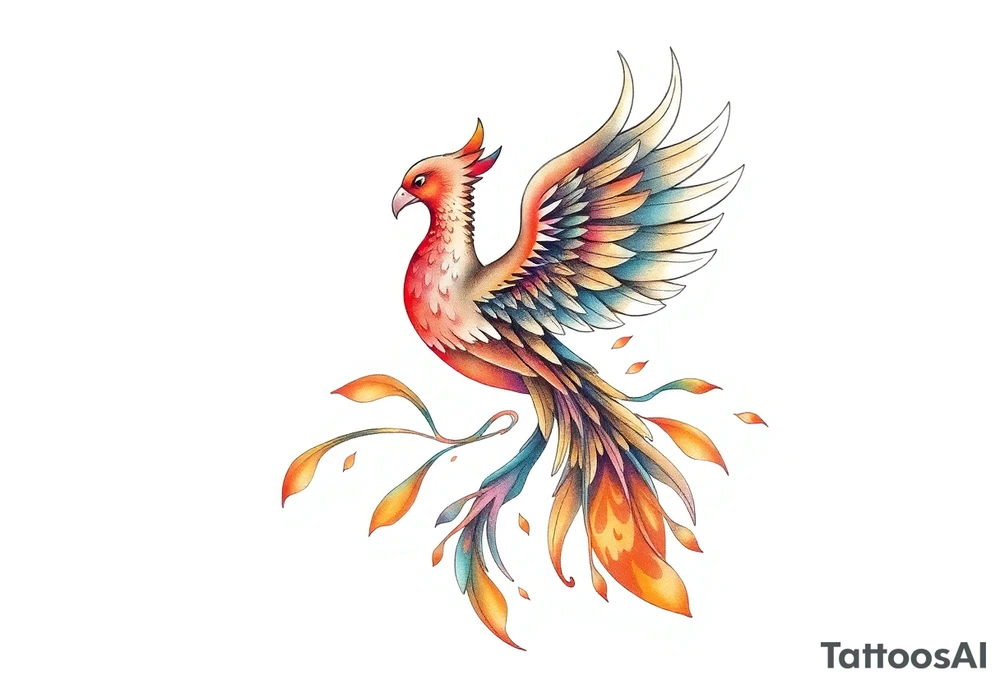 magnificent but feminine phoenix rising  flames with trailing embers tattoo idea