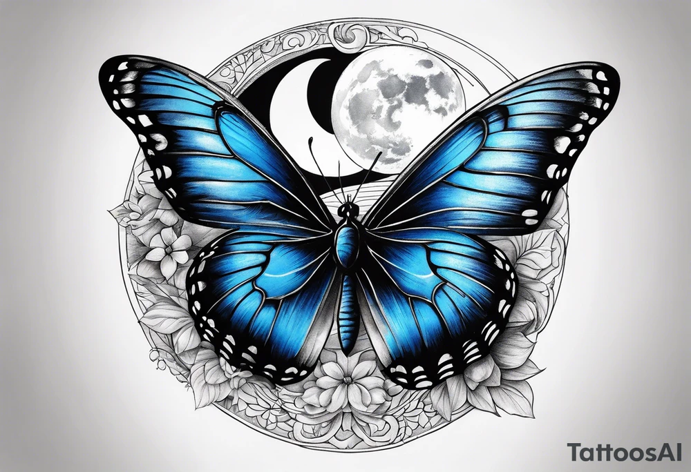 Blue butterfly moon tattoo idea