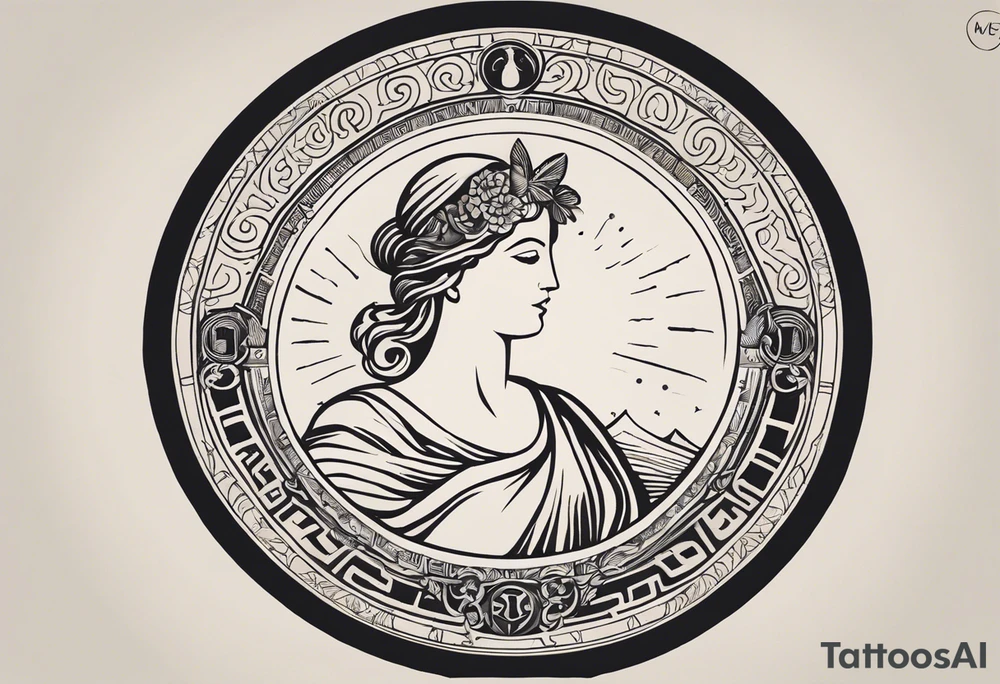"Create a minimalist round tattoo inspired by ancient greek art, centered around the muse of history. Design a circular composition featuring the muse depicted in the center, holding a scroll adorned with historical symbols or inscriptions. Surround her with subtle yet meaningful elements such as ancient greek architectural motifs, symbolic representations of ancient civilizations, or fragments of historical texts. Ensure the design maintains a minimalist aesthetic with clean lines and limited detail, while capturing the essence of dedication to preserving and inspiring the study of history within the circular frame." tattoo idea