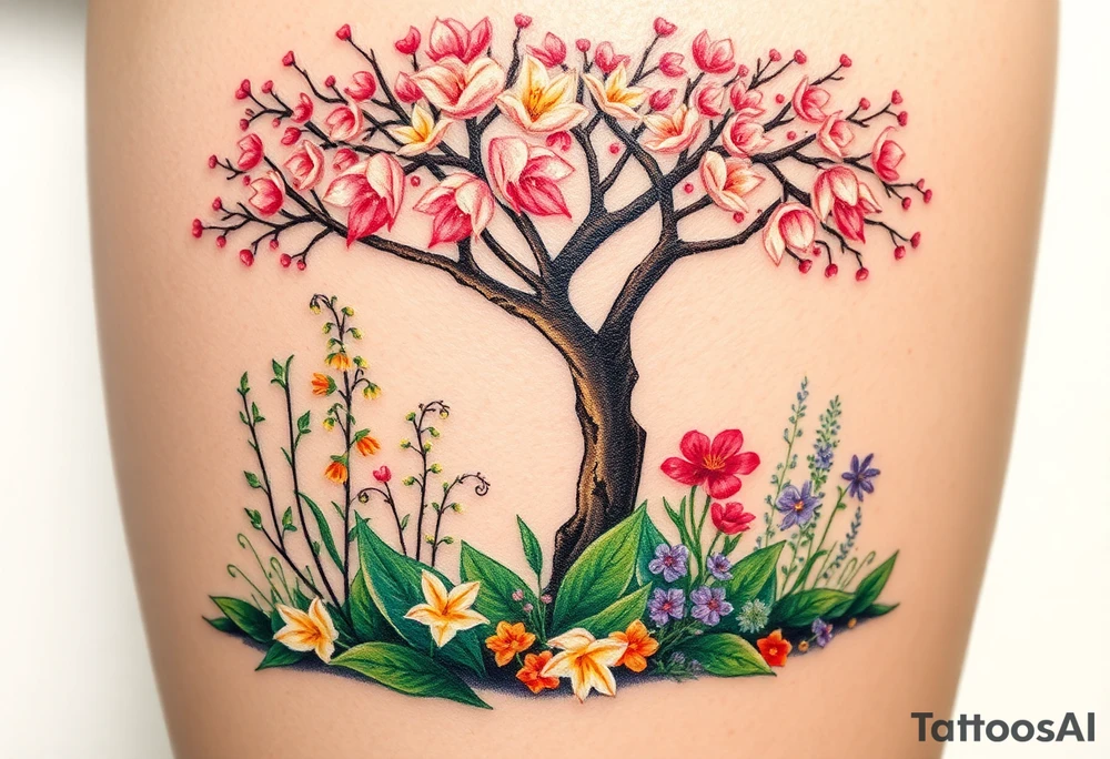 Lilly of the vally plants underneath a blooming hawthorn tree with other colorful plants on ground tattoo idea