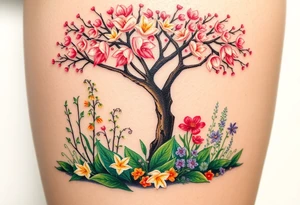 Lilly of the vally plants underneath a blooming hawthorn tree with other colorful plants on ground tattoo idea