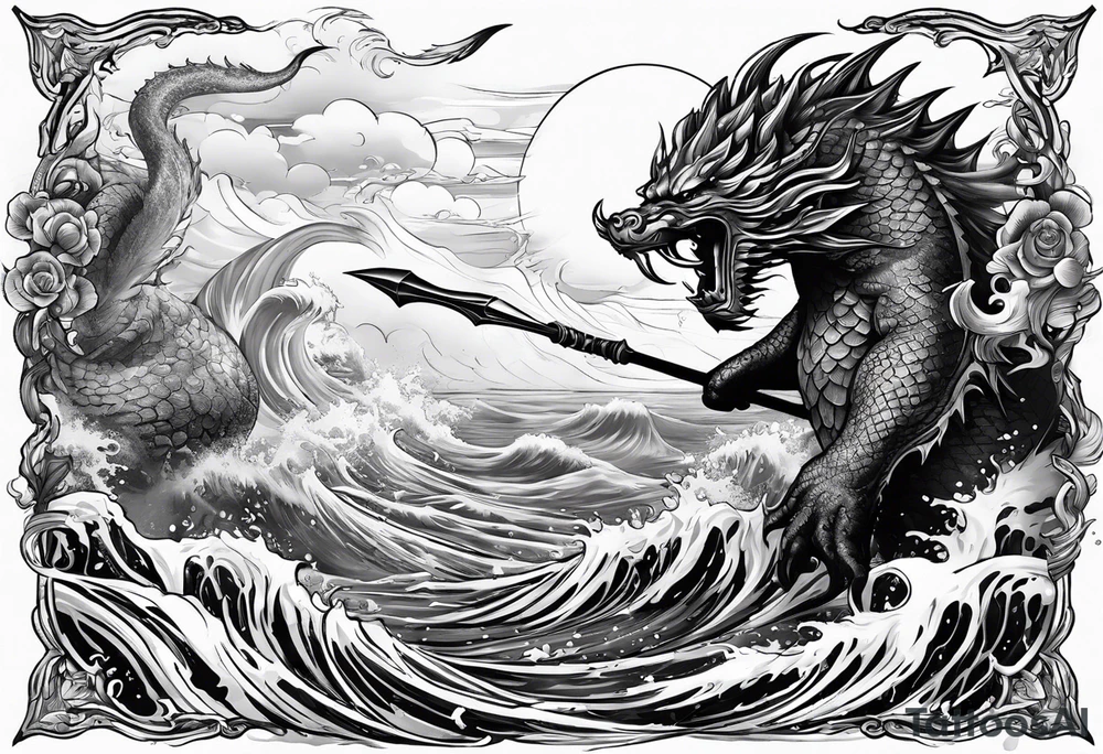 posseidon with his trident in the water fighting a sea water monster tattoo idea