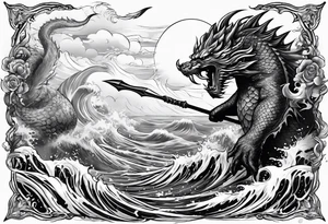 posseidon with his trident in the water fighting a sea water monster tattoo idea