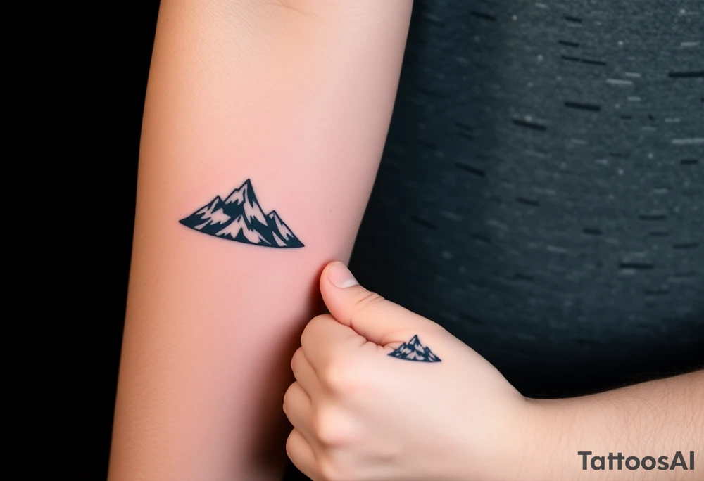 A pair of minimalist black and blue mountain peaks, one tattooed on the father’s forearm and the matching smaller version on the child’s wrist. tattoo idea