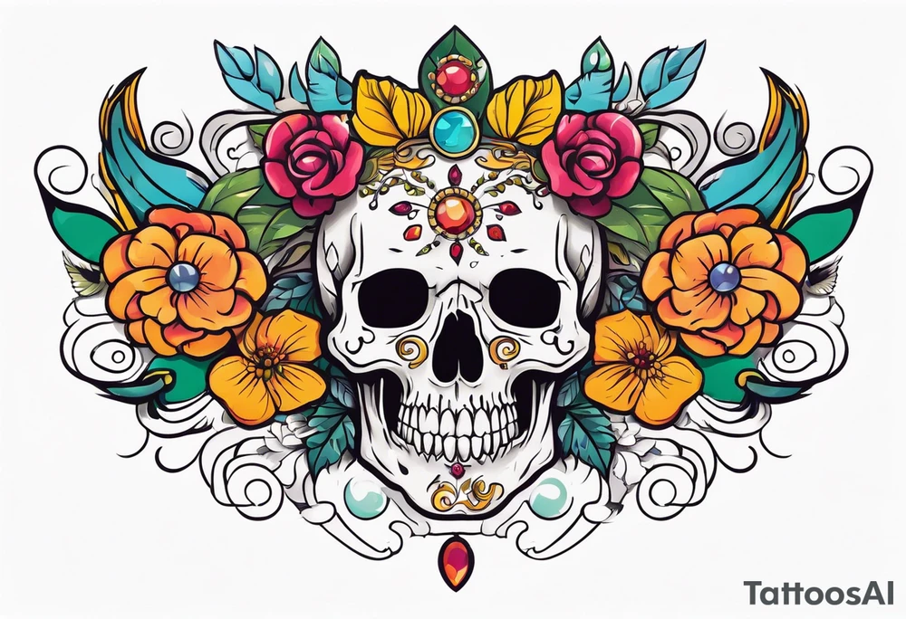 Floral chest piece with animal skull and gems tattoo idea